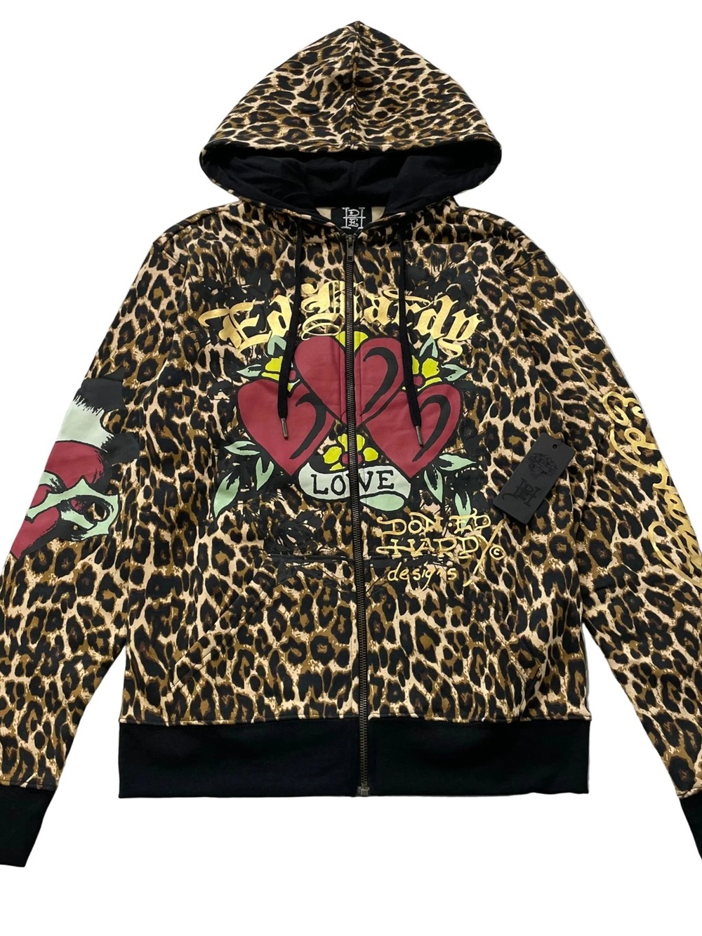 NWT Ed Hardy Leopard Love Zip Up Hoodie Oversized Graphic Fall 26 #019